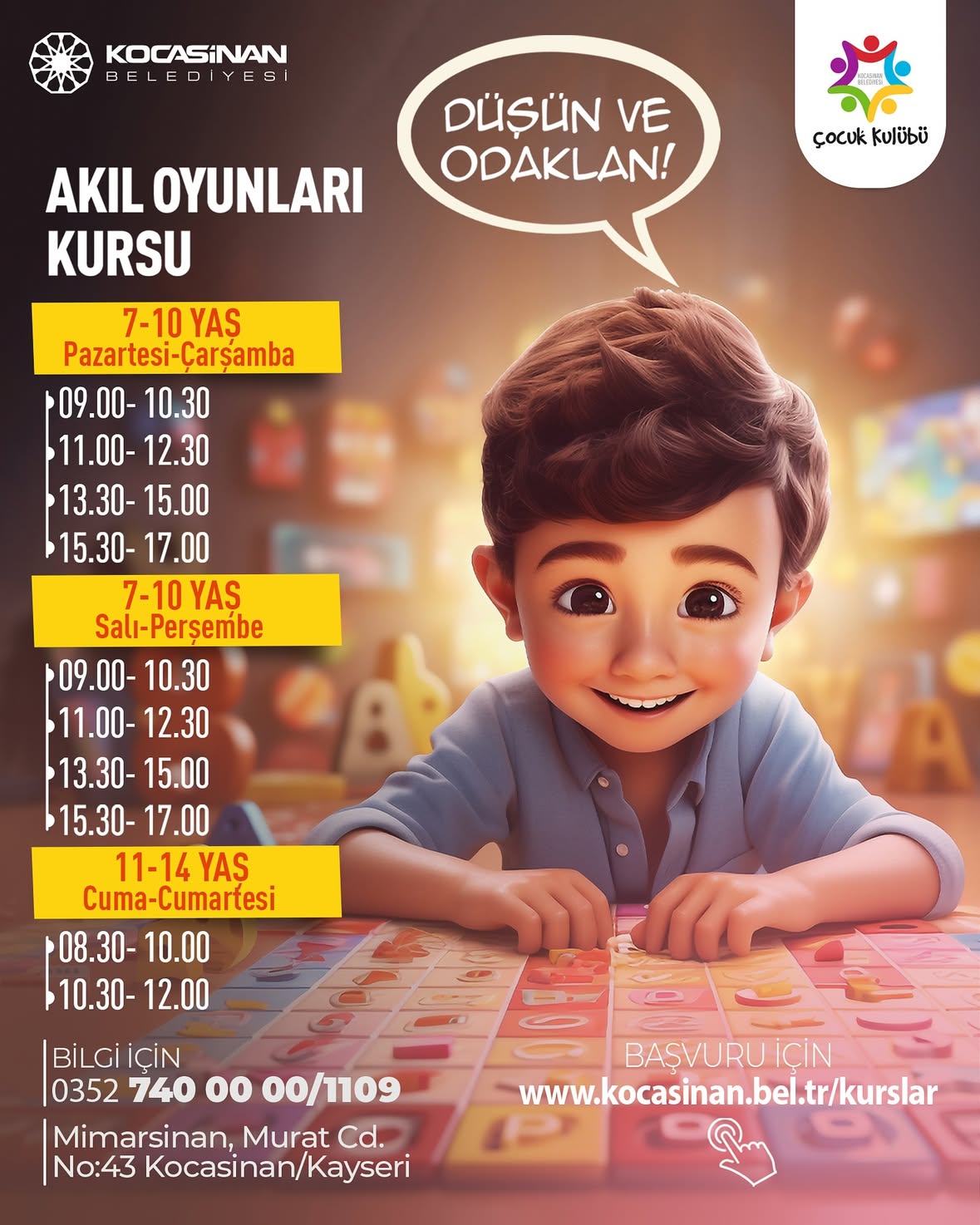 Kocasinan Belediyesi'nden Çocuklar İçin Ücretsiz Akıl Oyunları Kursu