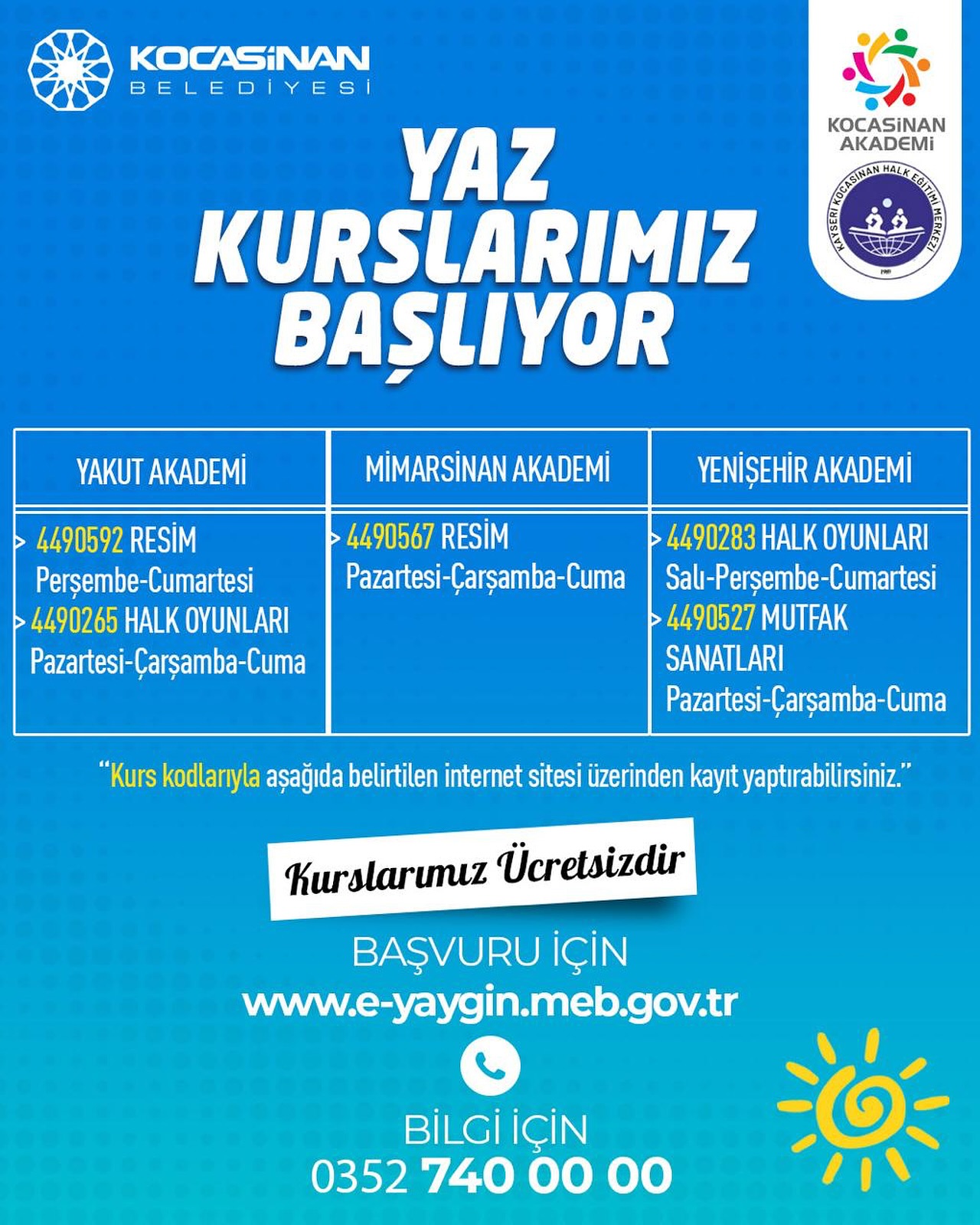 Kocasinan Belediyesi Yaz Dönemi Kursları Başladı: Ücretsiz Eğitim Fırsatı