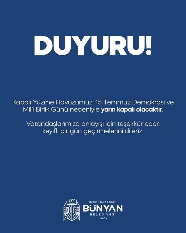 Bünyan Belediyesi Kapalı Yüzme Havuzu 15 Temmuz Demokrasi ve Millî Birlik Günü'nde Kapalı
