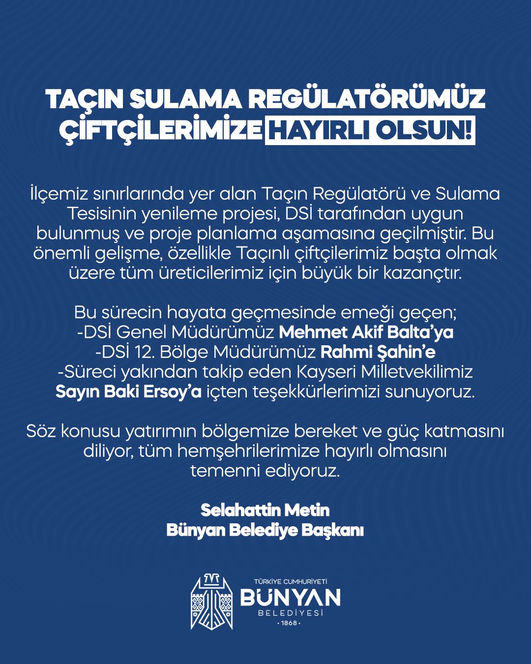 Bünyan'a Yeni Sulama Regülatörü: Çiftçilerin Yüzü Güldü