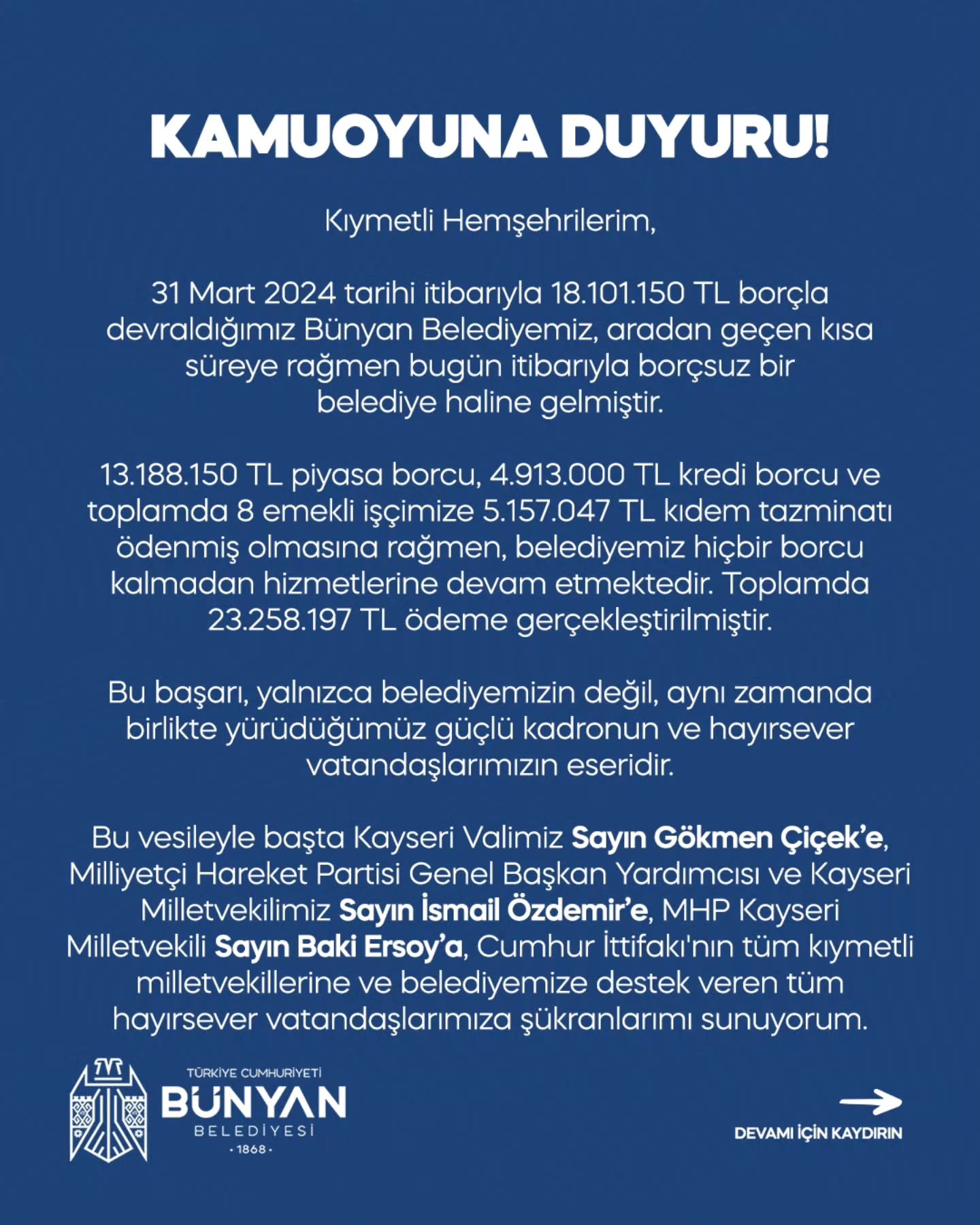 Bünyan Belediyesi Borçsuz Hale Geldi: 23 Milyon TL Ödeme Yapıldı