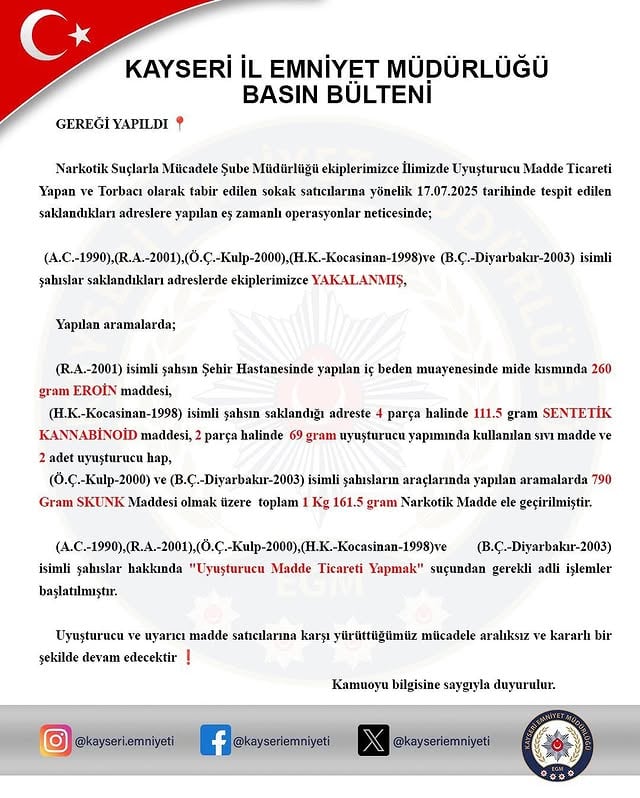Kayseri Emniyet Müdürlüğü'nden Basın Bülteni