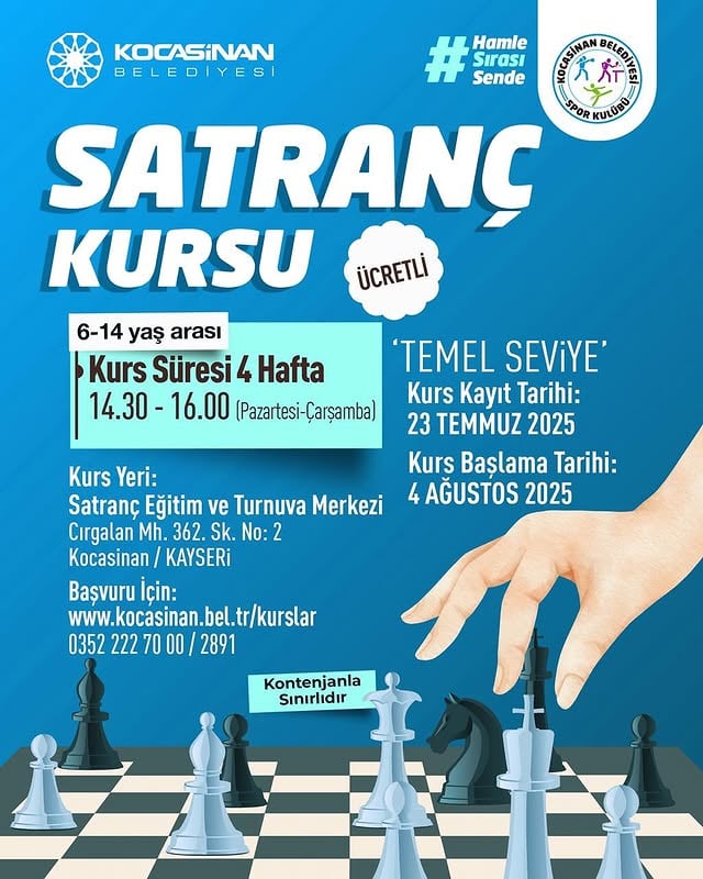 Kocasinan Belediyesi’nden Çocuklara Satranç Kursu İmkanı