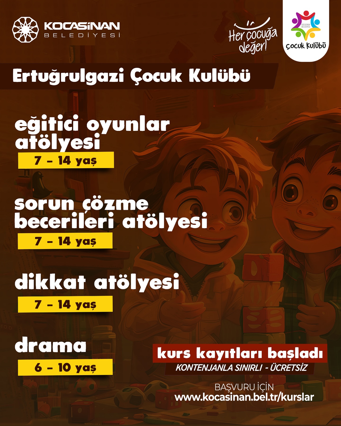 Kocasinan Çocuk Kulübü'nde Eğlenceli ve Eğitici Kurslara Kayıtlar Başladı