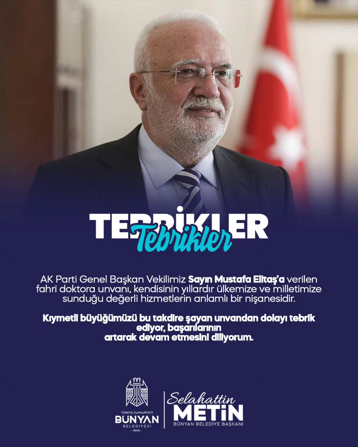 Bünyan Belediyesi'nden AK Parti Genel Başkan Vekili Elitaş'a Fahri Doktora Unvanı