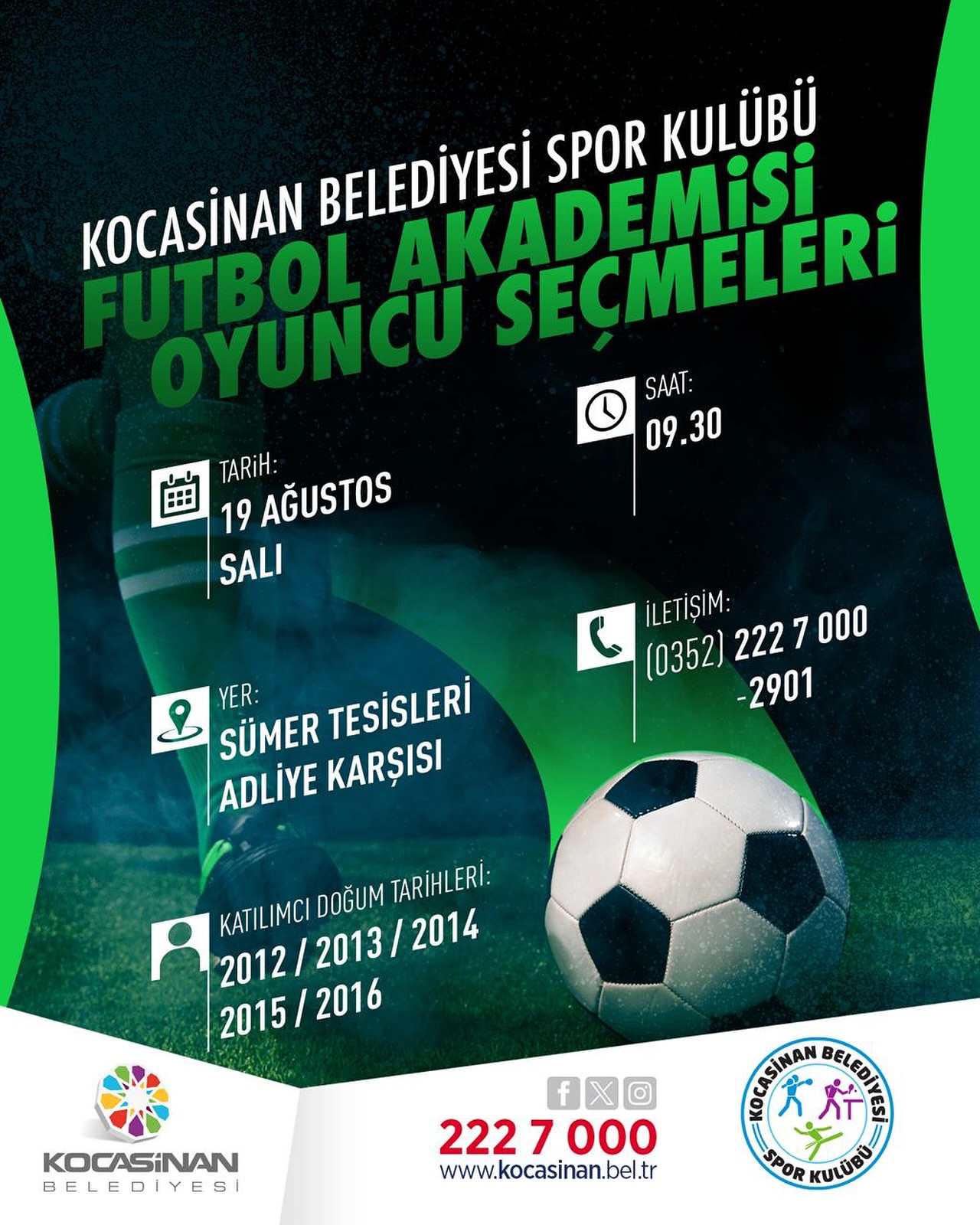 Kocasinan Belediyesi Spor Kulübü Futbol Akademisi'nden Genç Yeteneklere Çağrı