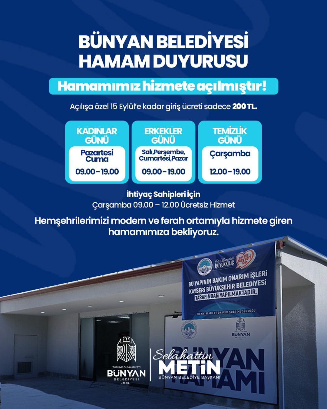 Bünyan Belediyesi'nden Yeni Hamam Açılışı ve Özel Fiyatlar