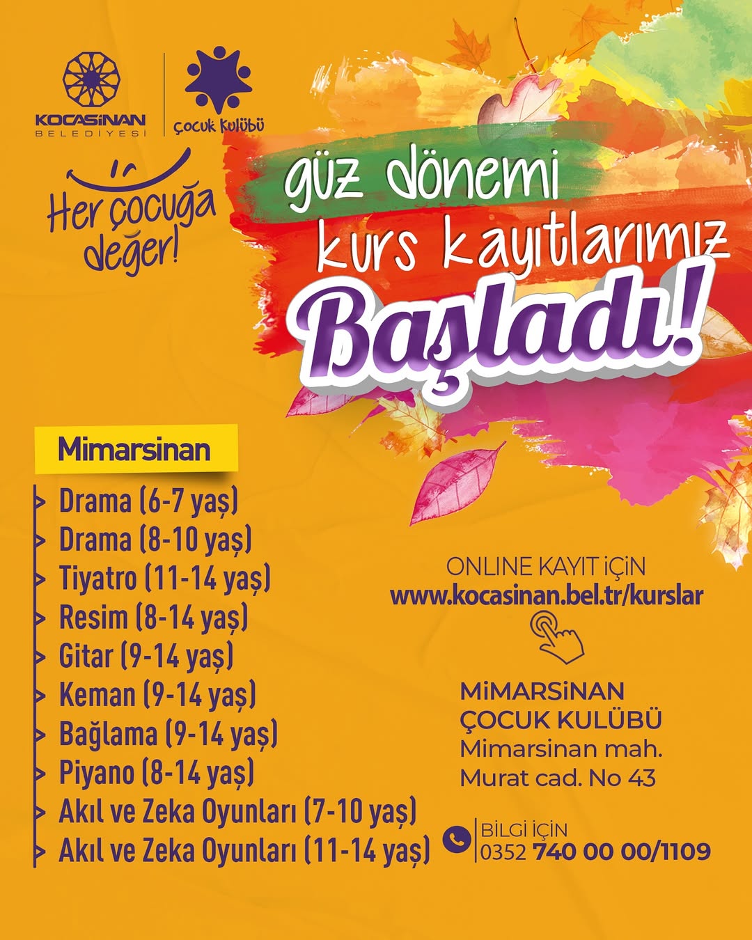 Kocasinan Belediyesi Çocuk Kulübü Güz Dönemi Kurslarına Kayıtlar Başladı
