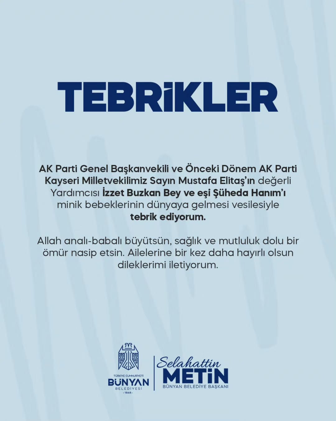 Bünyan Belediyesi'nden Mustafa Elitaş'ın Yardımcısına Tebrik