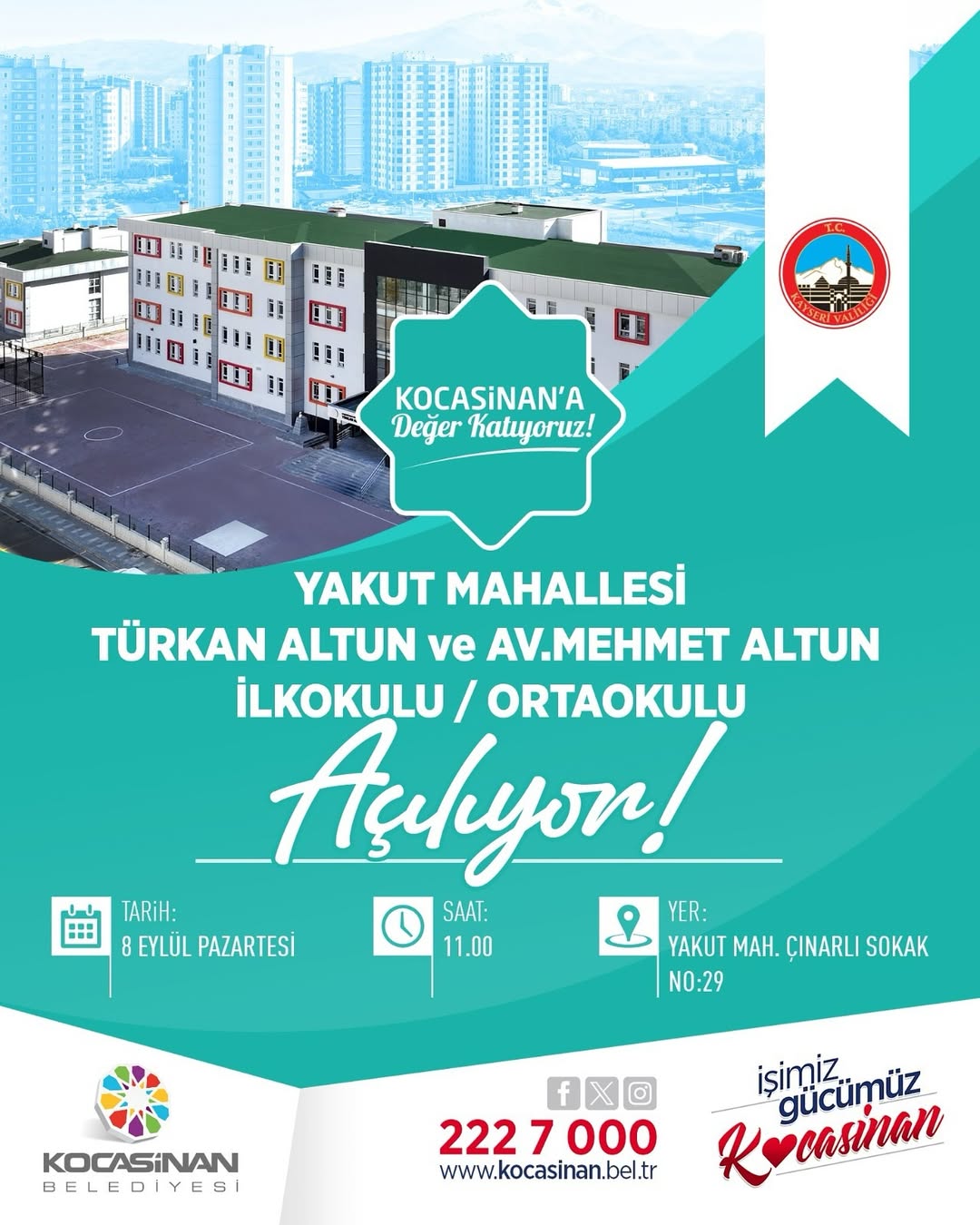 Kocasinan Belediyesi'nden Yeni Okul Açılışı: Türkan Altun ve Av. Mehmet Altun İlkokulu ve Ortaokulu Kapılarını Açıyor
