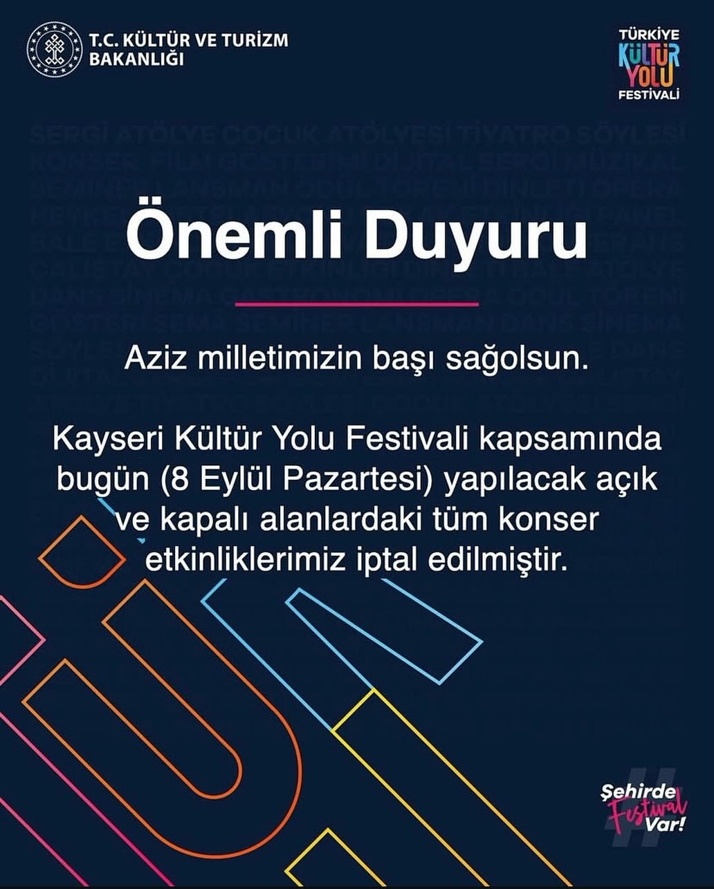 Kayseri Kültür Yolu Festivali Konserleri İptal Edildi