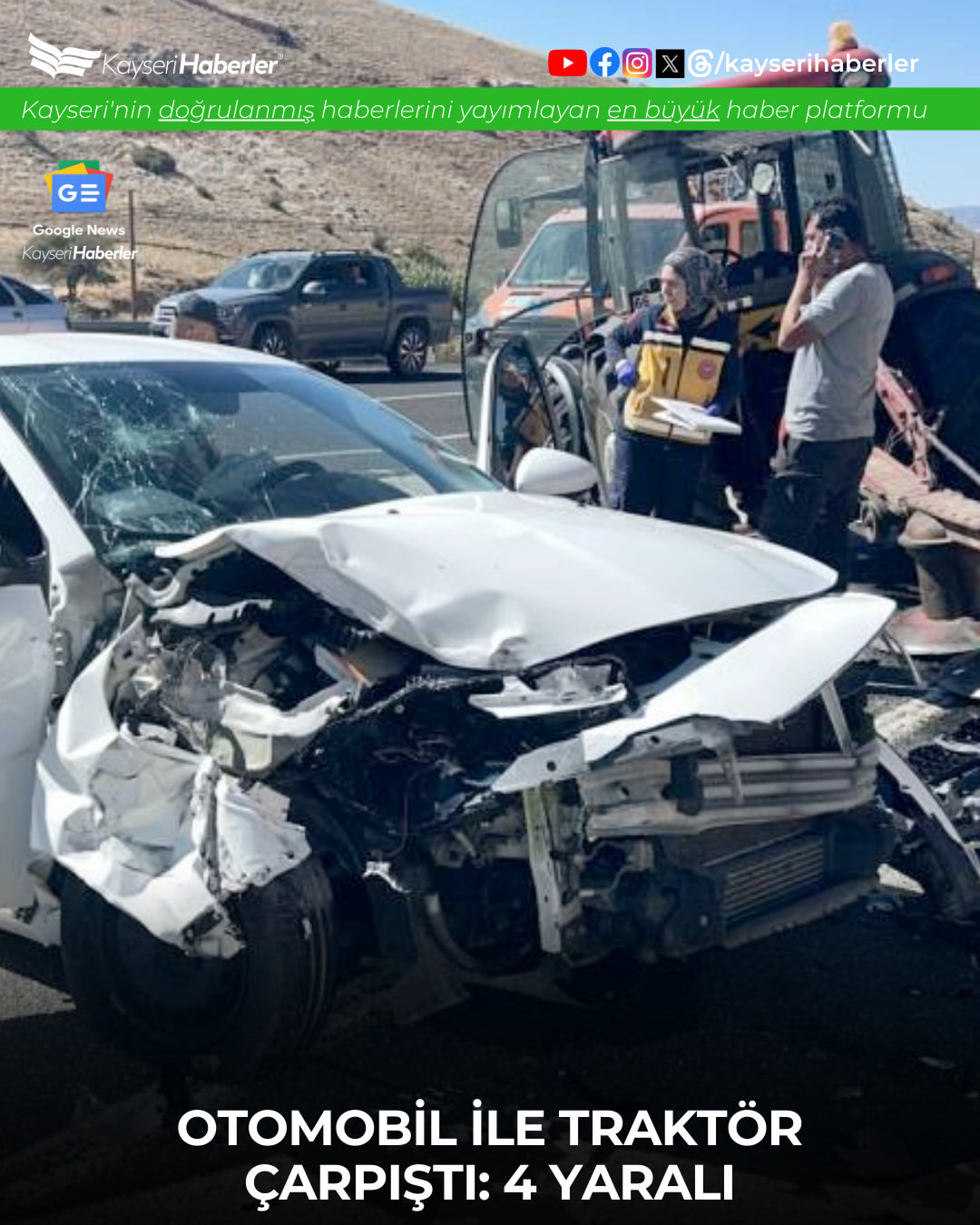 Kayseri'de Traktör ve Otomobil Çarpıştı: 4 Yaralı