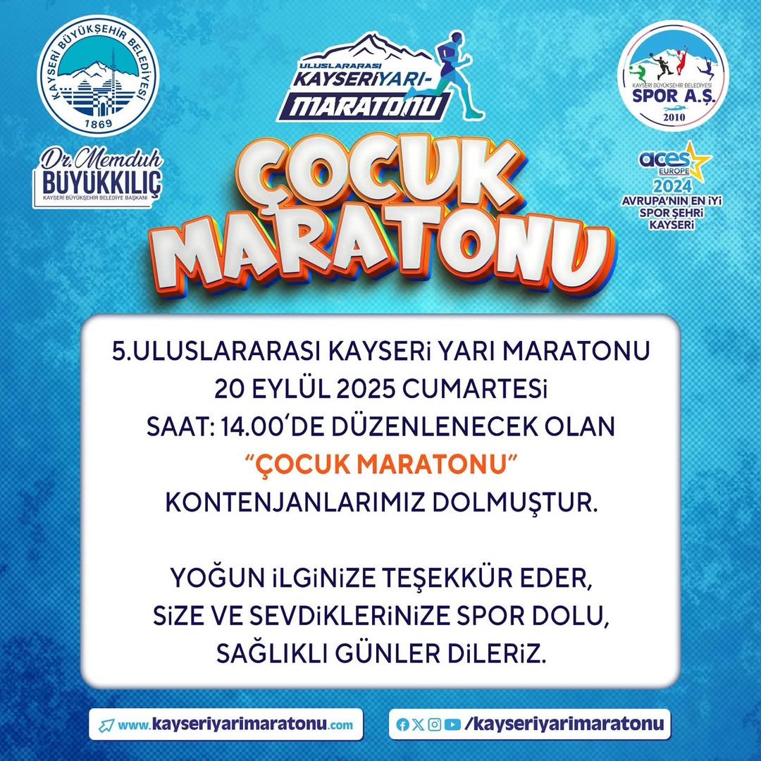 Kayseri Çocuk Maratonu Kontenjanları Doldu