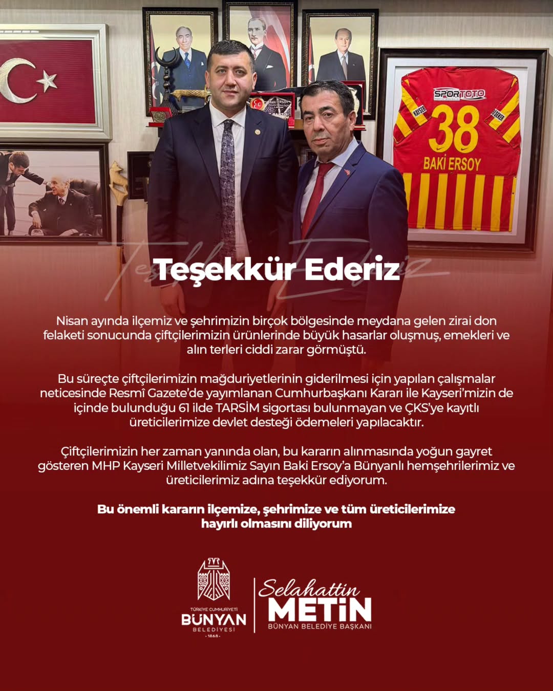 Kayseri'de Zirai Don Mağdurlarına Devlet Desteği Müjdesi