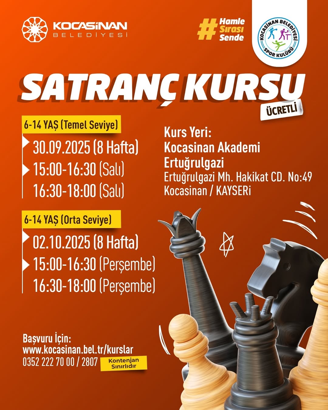 Kocasinan Belediyesi 6-14 Yaş Arası Çocuklar İçin Satranç Kursu Düzenliyor