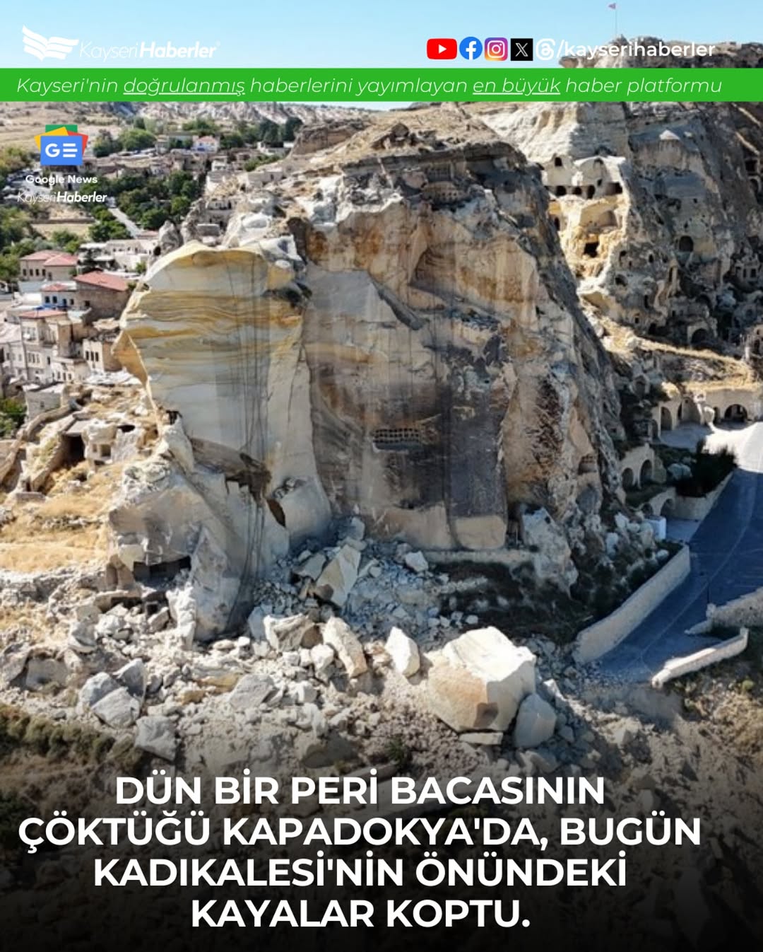 Kapadokya'da Doğal Afet: Kadıkalesi Önünde Kaya Parçaları Koptu