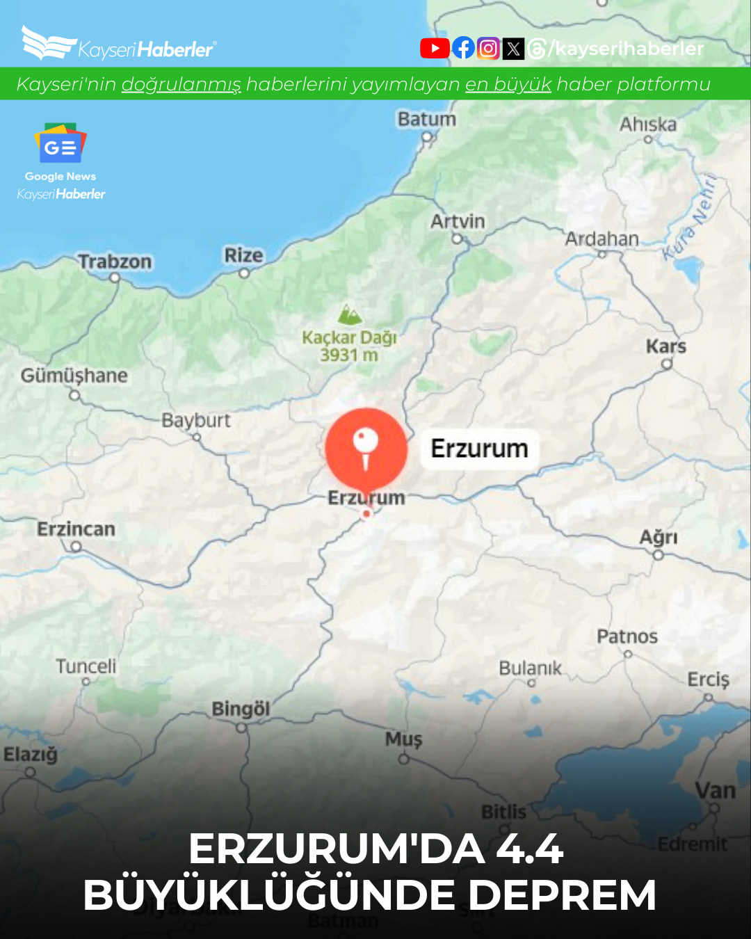 Erzurum'da 4.4 Büyüklüğünde Deprem