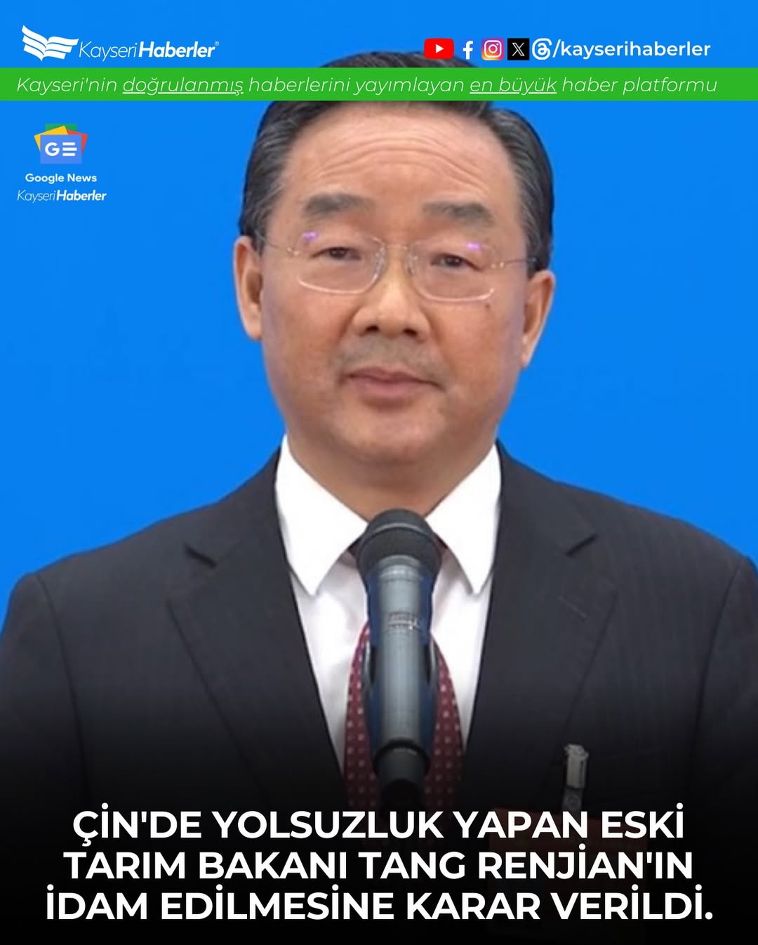 Çin'de Eski Tarım Bakanı Tang Renjian'a Yolsuzluktan İdam Cezası