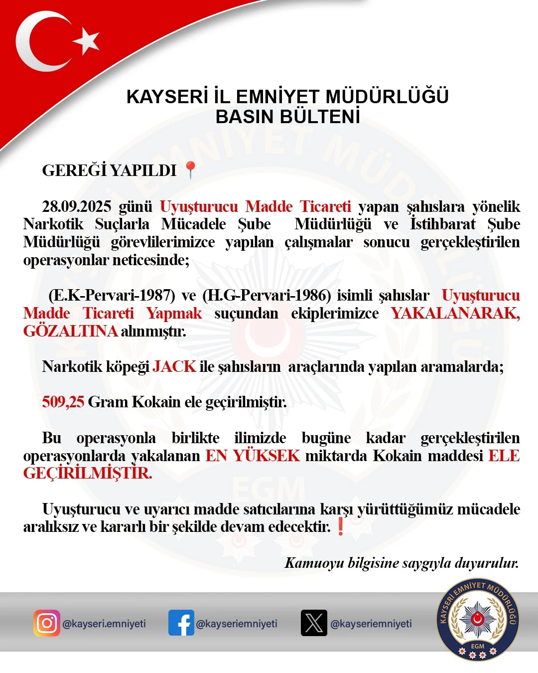 Kayseri'de Narkotik Suçlarla Mücadelede Büyük Başarı