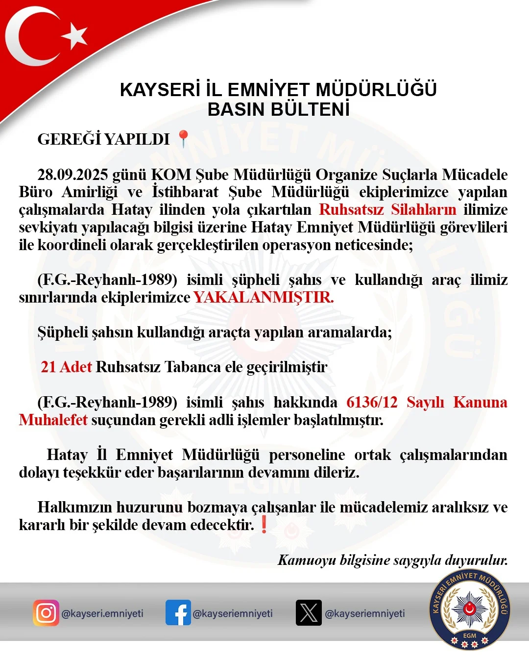 Kayseri'de Jandarma ve Emniyet Ekipleri Tarafından Gerçekleştirilen Operasyonlar