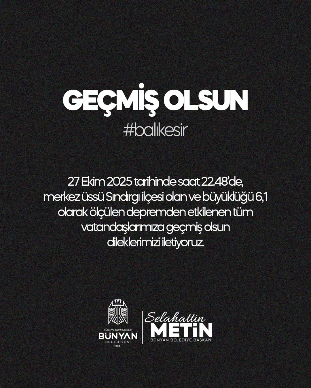 Bünyan Belediyesi'nden Sındırgı Depremi İçin Geçmiş Olsun Mesajı