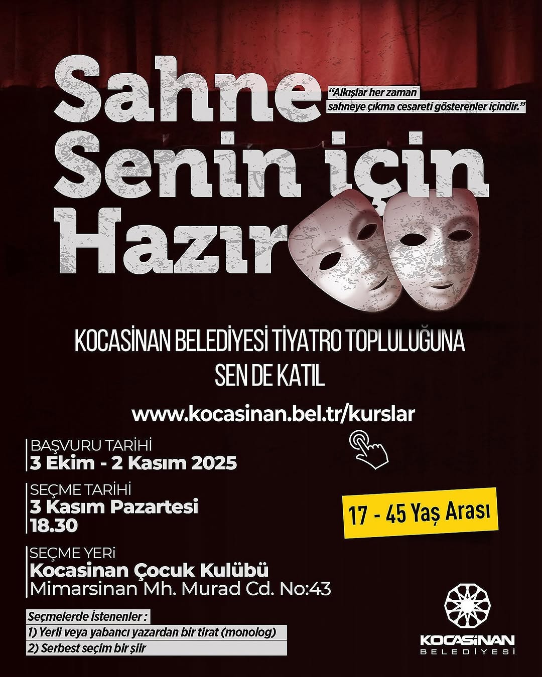Kocasinan Tiyatro Topluluğu'nda Yetişkinler İçin Oyuncu Seçme Kayıtları Başladı